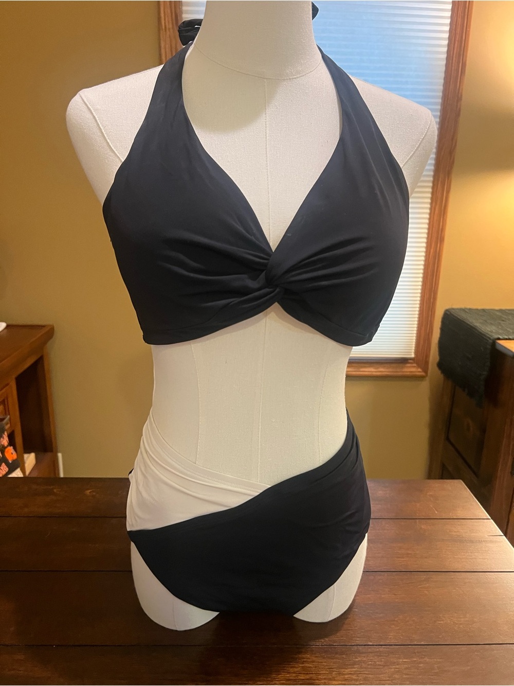 WHBM Black & White Two-Piece Twist Halter Bikini